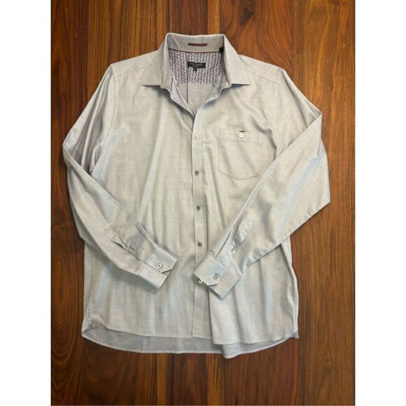 Ted Baker Men's Gray Collared Long Sleeve Cotton Button-Down Shirt Size 5 - Picture 1 of 8